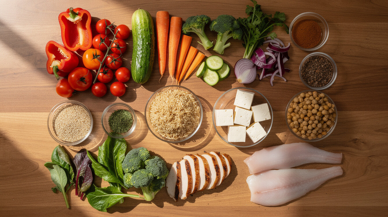 Fresh colourful ingredients laid out for a home-cooked balanced meal