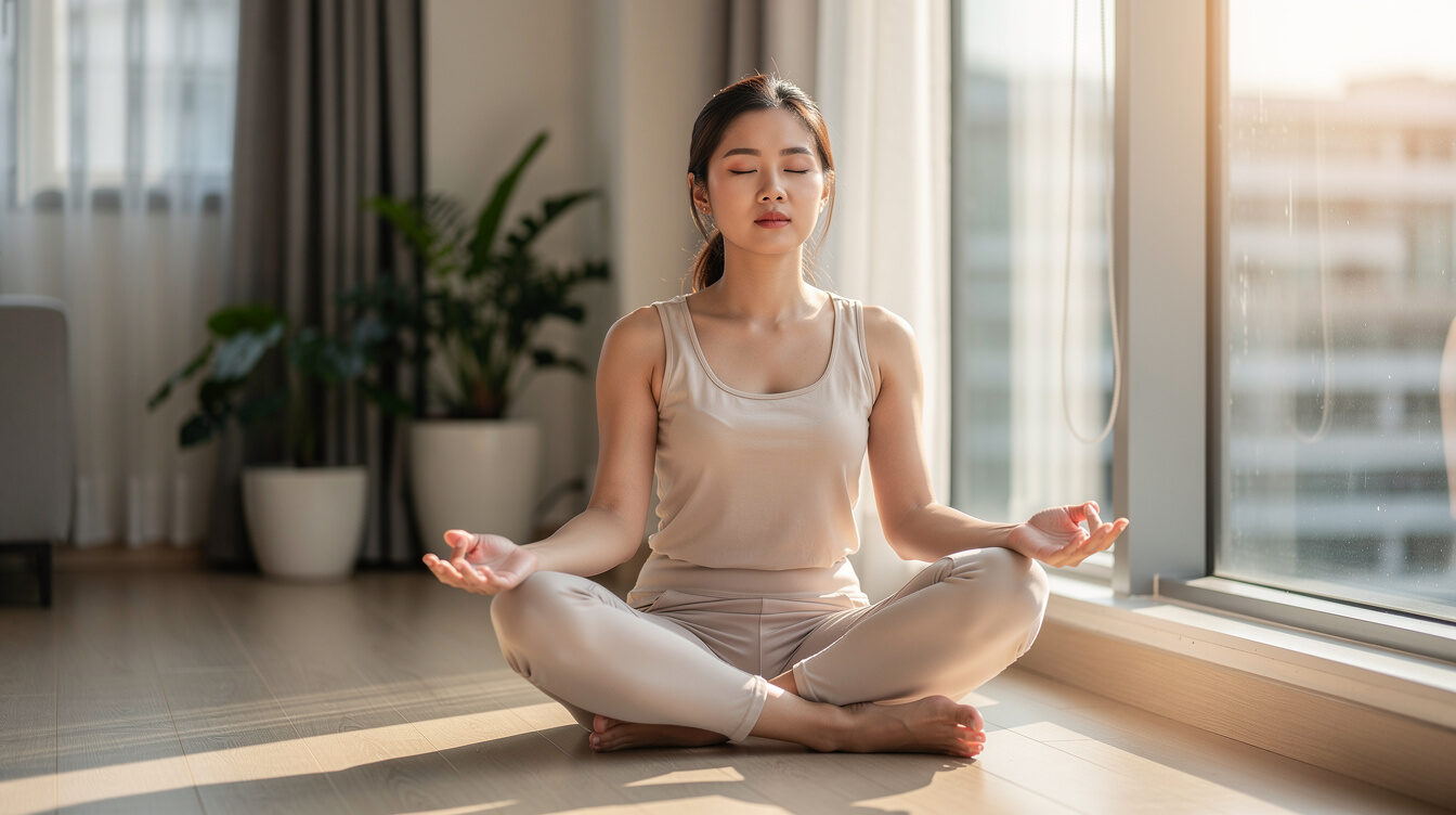 Woman practising deep breathing with eyes closed by a window