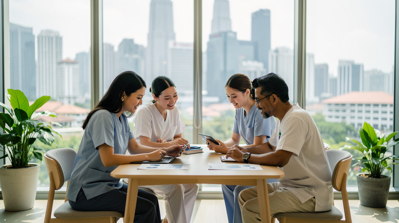 Health coaches collaborating in a modern studio with the Singapore skyline visible through windows