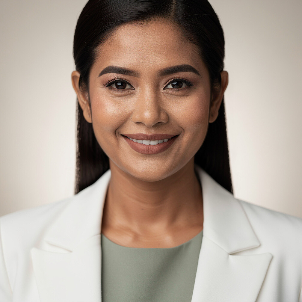 Portrait of a Singaporean female clinical director smiling in a white coat