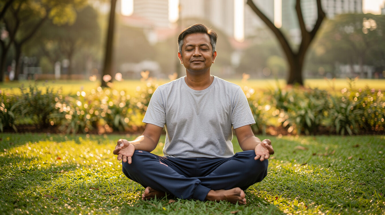 Person meditating calmly in a quiet park during golden hour