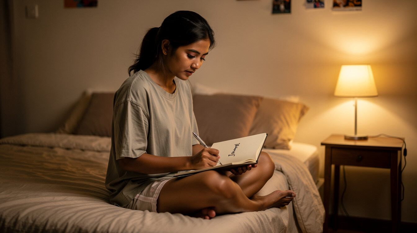 Person journaling by a bedside lamp before sleep