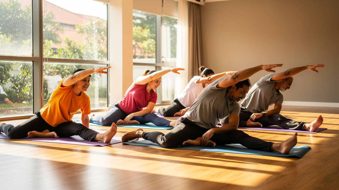 Small group fitness class stretching together in a sunlit studio