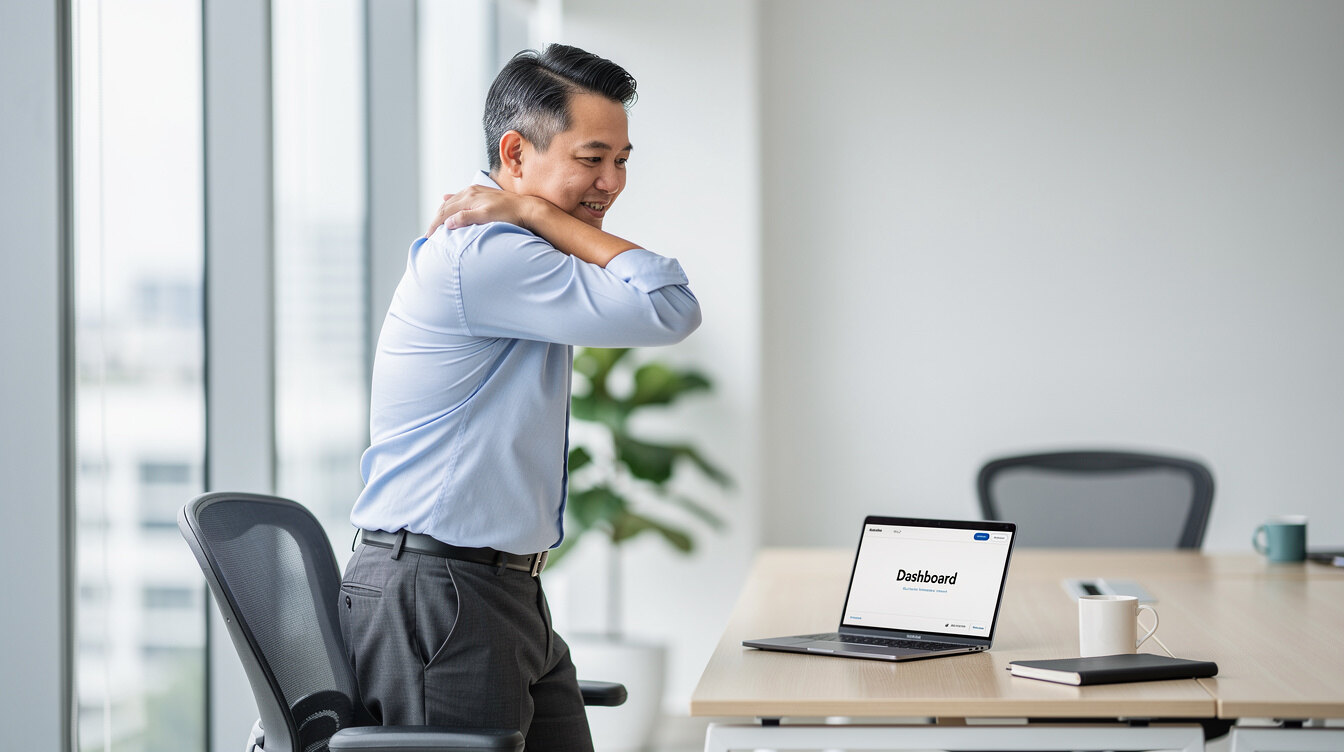 Office worker doing a guided stretch at their desk