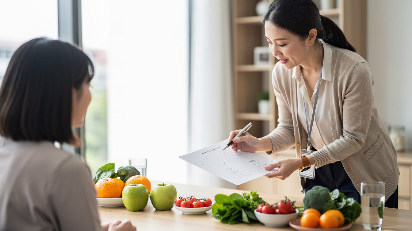 Nutrition coach explaining a meal plan to a client at a bright table