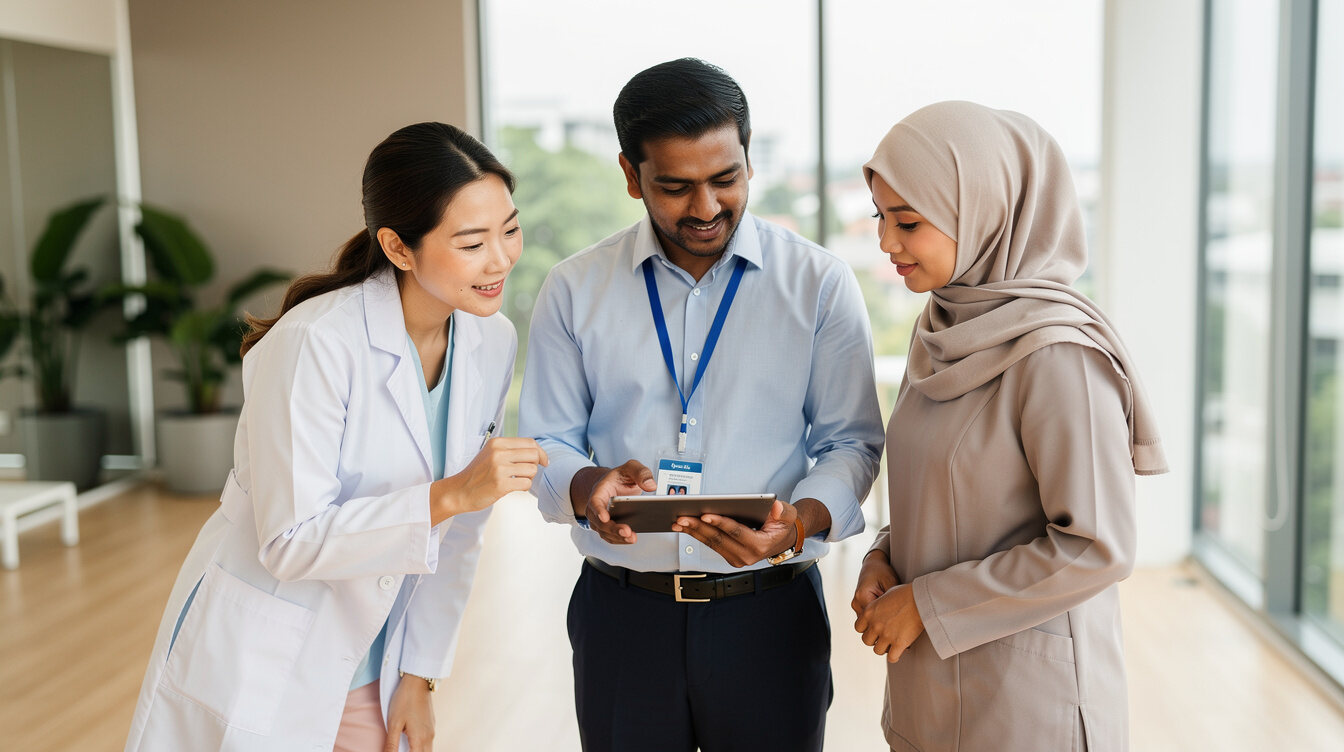 Diverse group of health professionals reviewing data on a tablet in a bright office