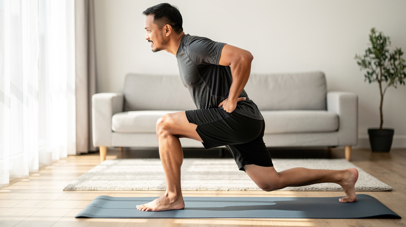 Man doing a guided bodyweight strength exercise at home