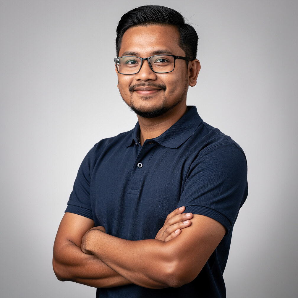 Singaporean health coach in glasses wearing a polo shirt