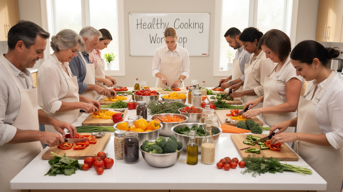 group cooking healthy meal