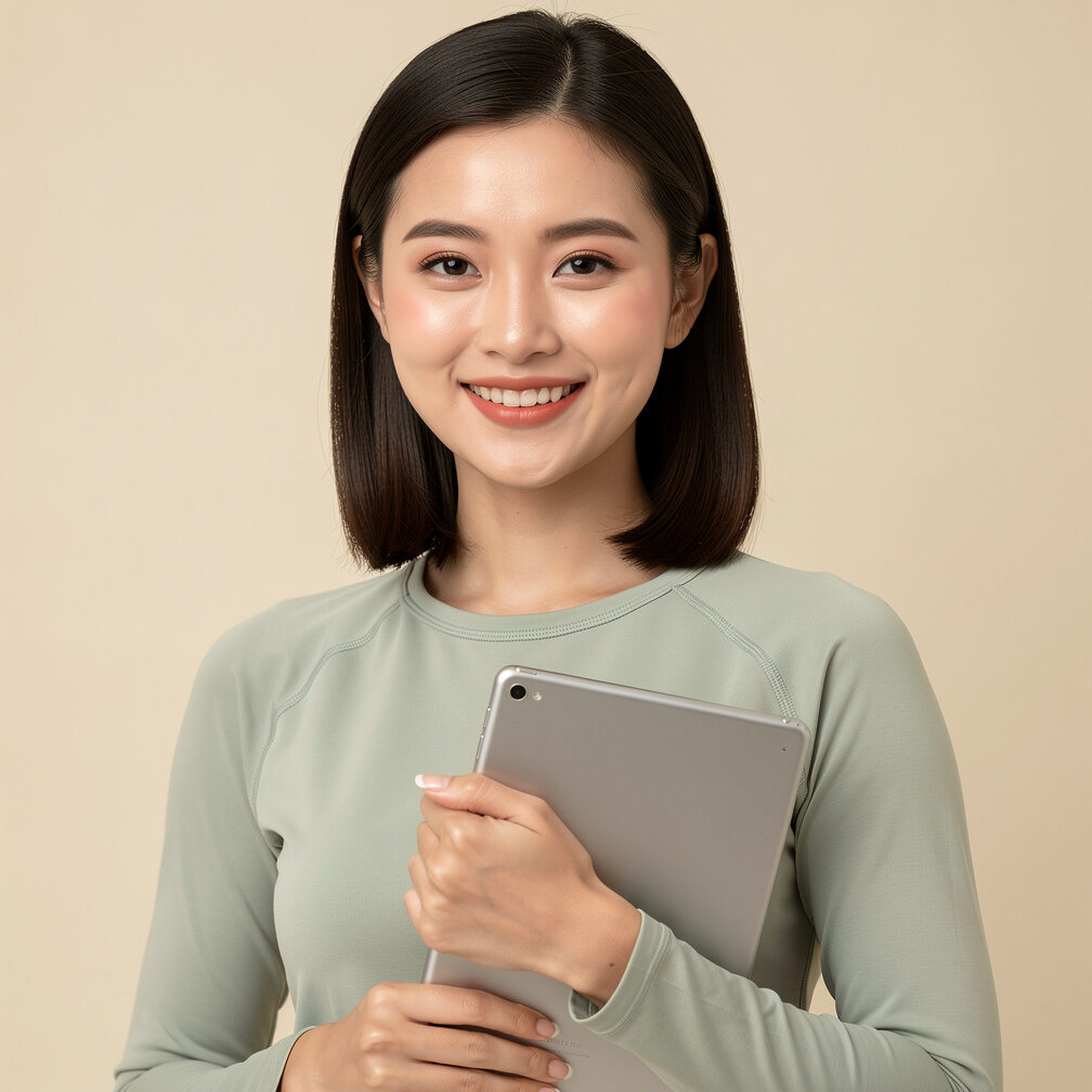 Young Singaporean woman smiling while holding a tablet with a health course open